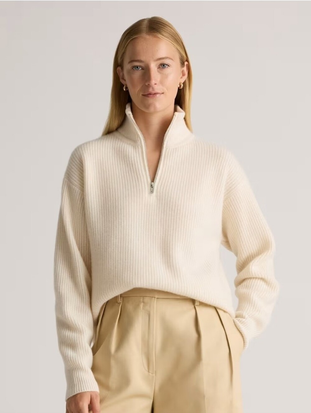 Zara Ribbed Half-Zip Turtleneck Sweater in Light Beige